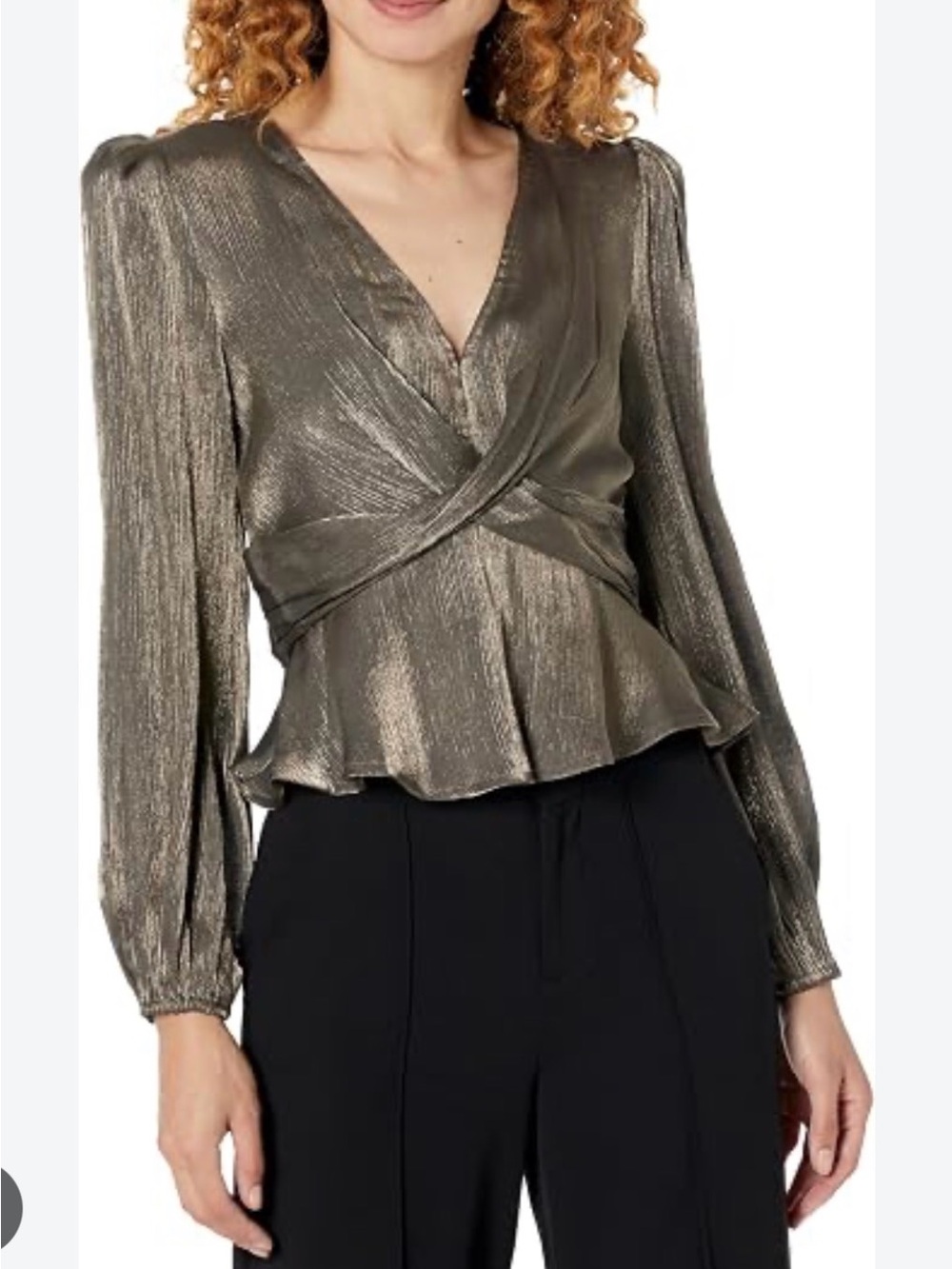 Astr Metallic Wrap Peplum Blouse - Gold
